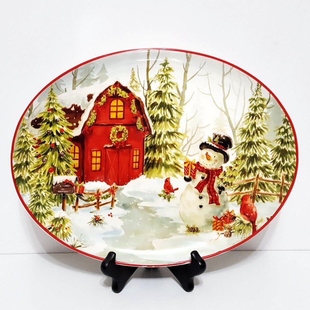 NEW Holly Hill Snowman Christmas Platter 13" L x 10 "W Ceramic